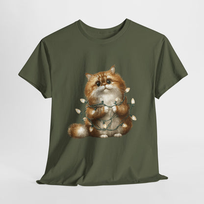 Christmas Lights Cat T-Shirt - Cute Kitty Tangled in Fairy Lights