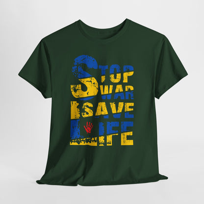 Stop War Save Life Shirt - Blue & Yellow Anti-War Tee, Ukraine Support T-Shirt with Red Handprint, Peace and Solidarity Gift