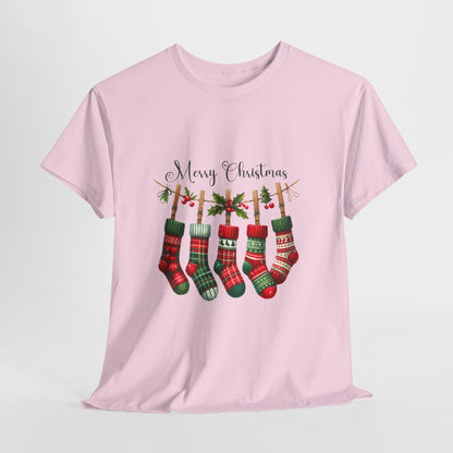 Merry Christmas Stockings T-Shirt - Five Plaid Stockings on Garland