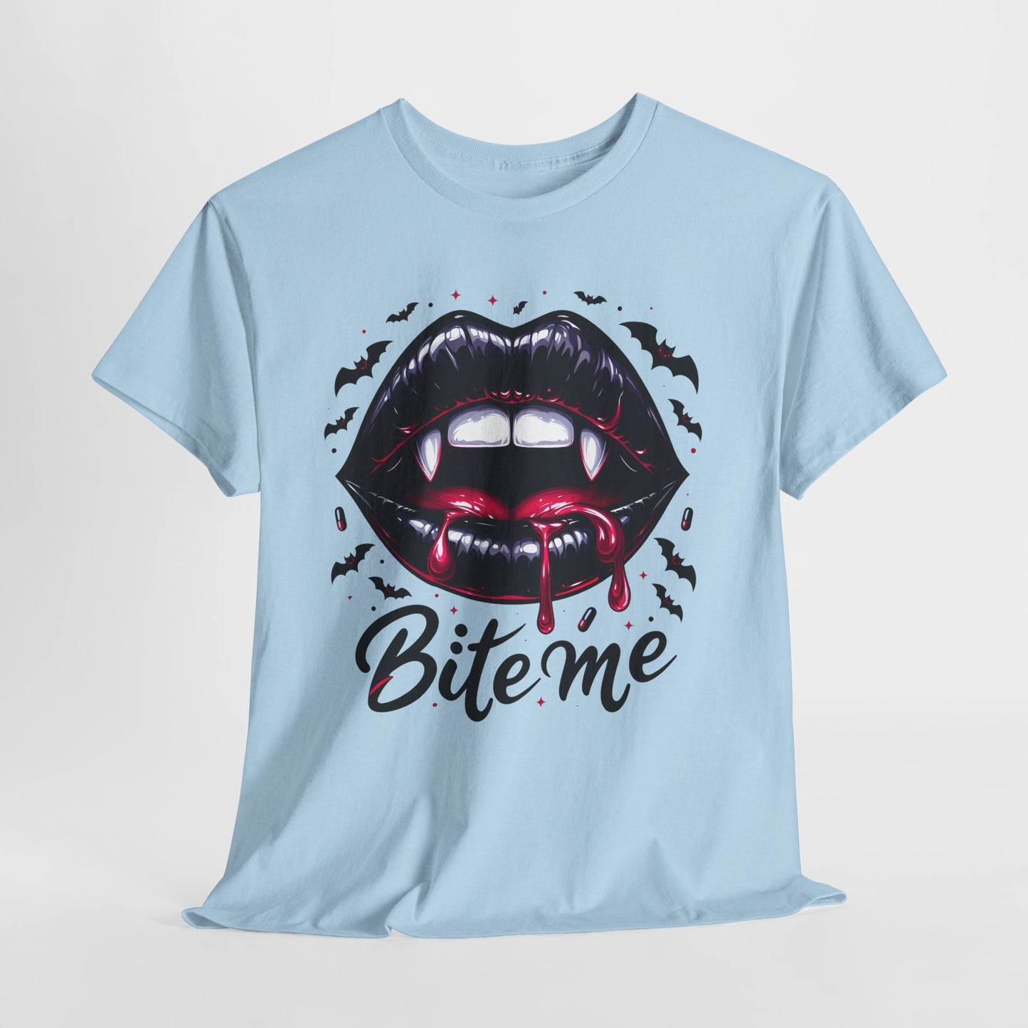Bite Me Vampire Lips T-Shirt - Gothic Fangs & Bats Halloween Tee