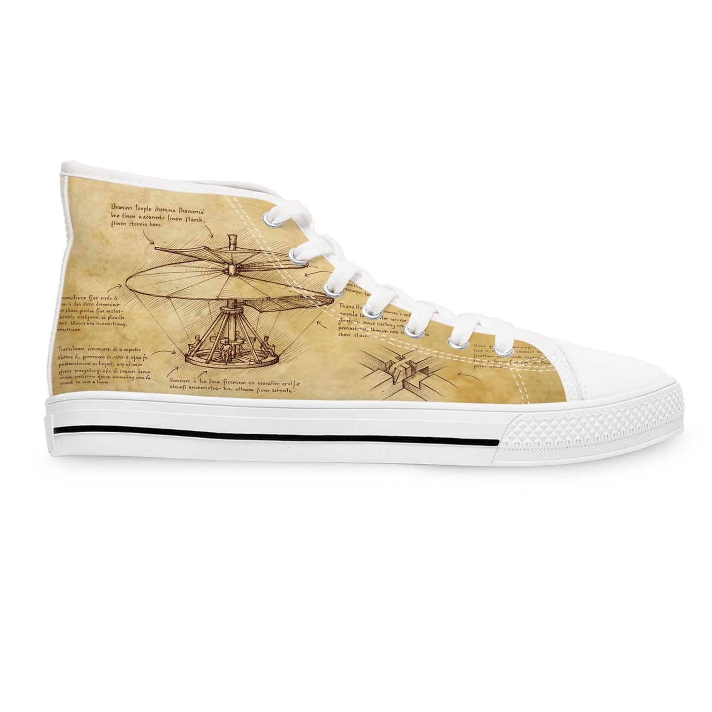 Da Vinci Sketch Damen-Sneaker mit hohem Schaft – Vintage-Pergament-Blaupausen-Schuhe