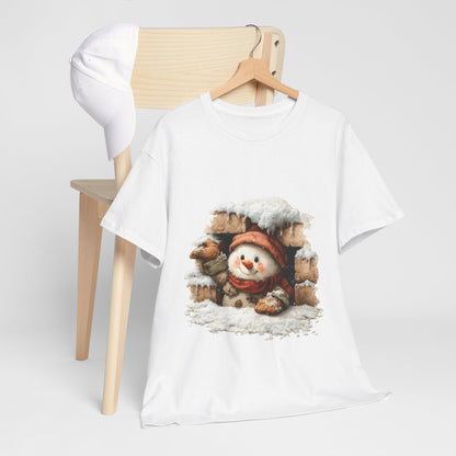 Peeking Snowman Window Christmas - Cute Snowy Brick Window Snowman Tee