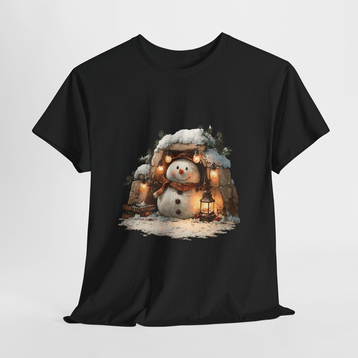 Cozy Lantern Snowman Christmas T-Shirt - Rustic Christmas Snowman with String Lights