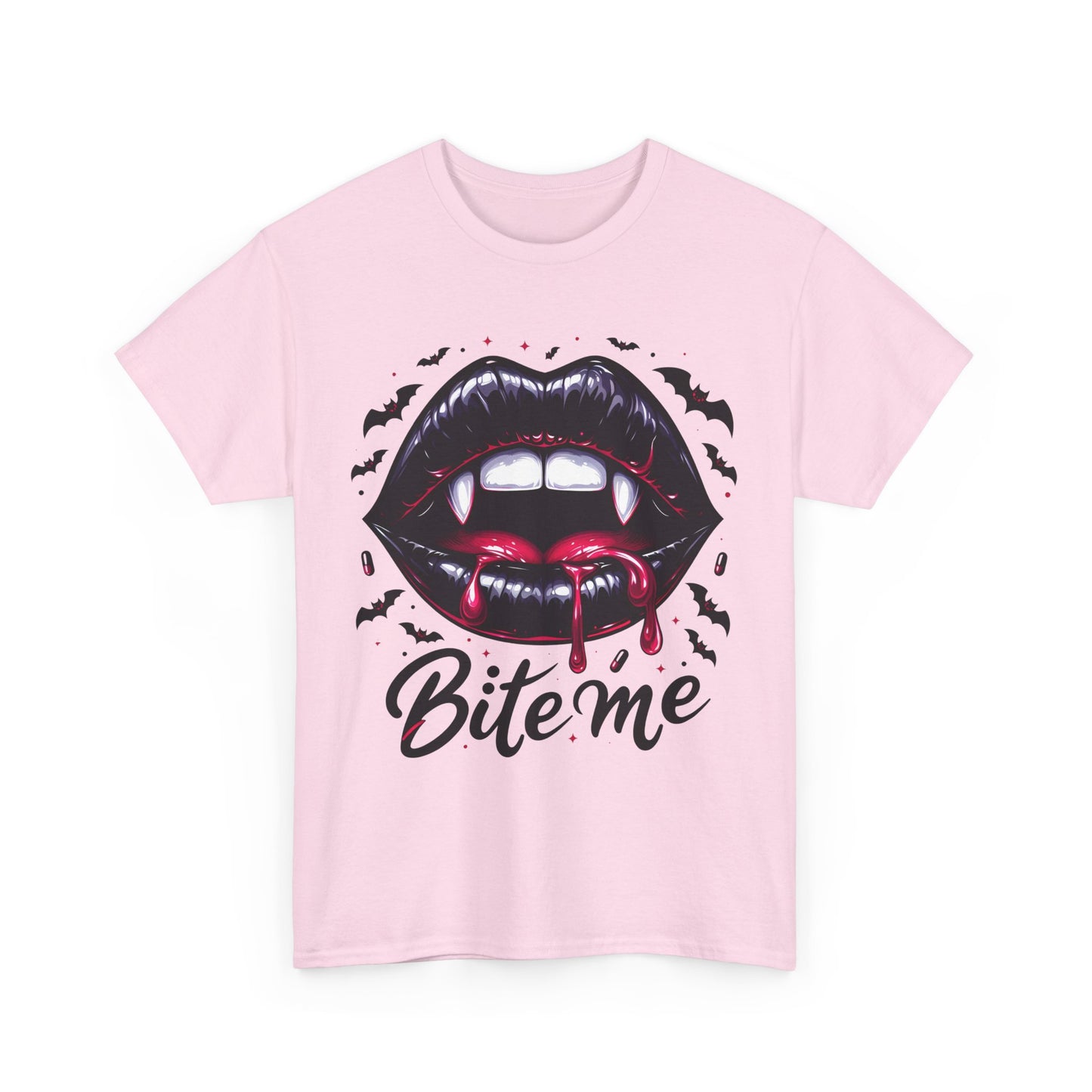 Bite Me Vampire Lips T-Shirt - Gothic Fangs & Bats Halloween Tee