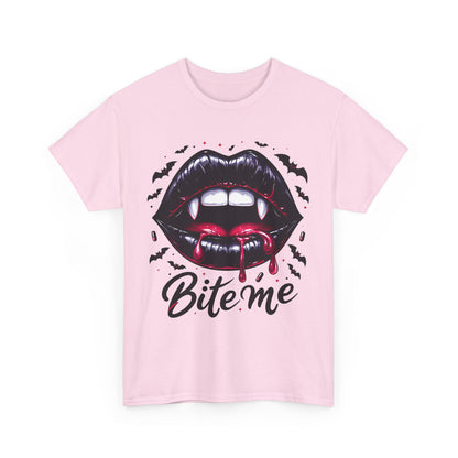 Bite Me Vampire Lips T-Shirt - Gothic Fangs & Bats Halloween Tee