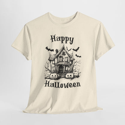 Vintage Haunted House Halloween T-Shirt - Gothic Pumpkins & Bats Tee