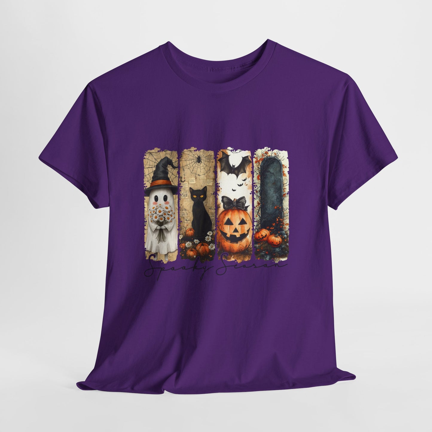 Spooky Season Panels Halloween T-Shirt with Ghost, Black Cat, Jack-O-Lantern & Bats