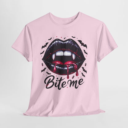Bite Me Vampire Lips T-Shirt - Gothic Fangs & Bats Halloween Tee
