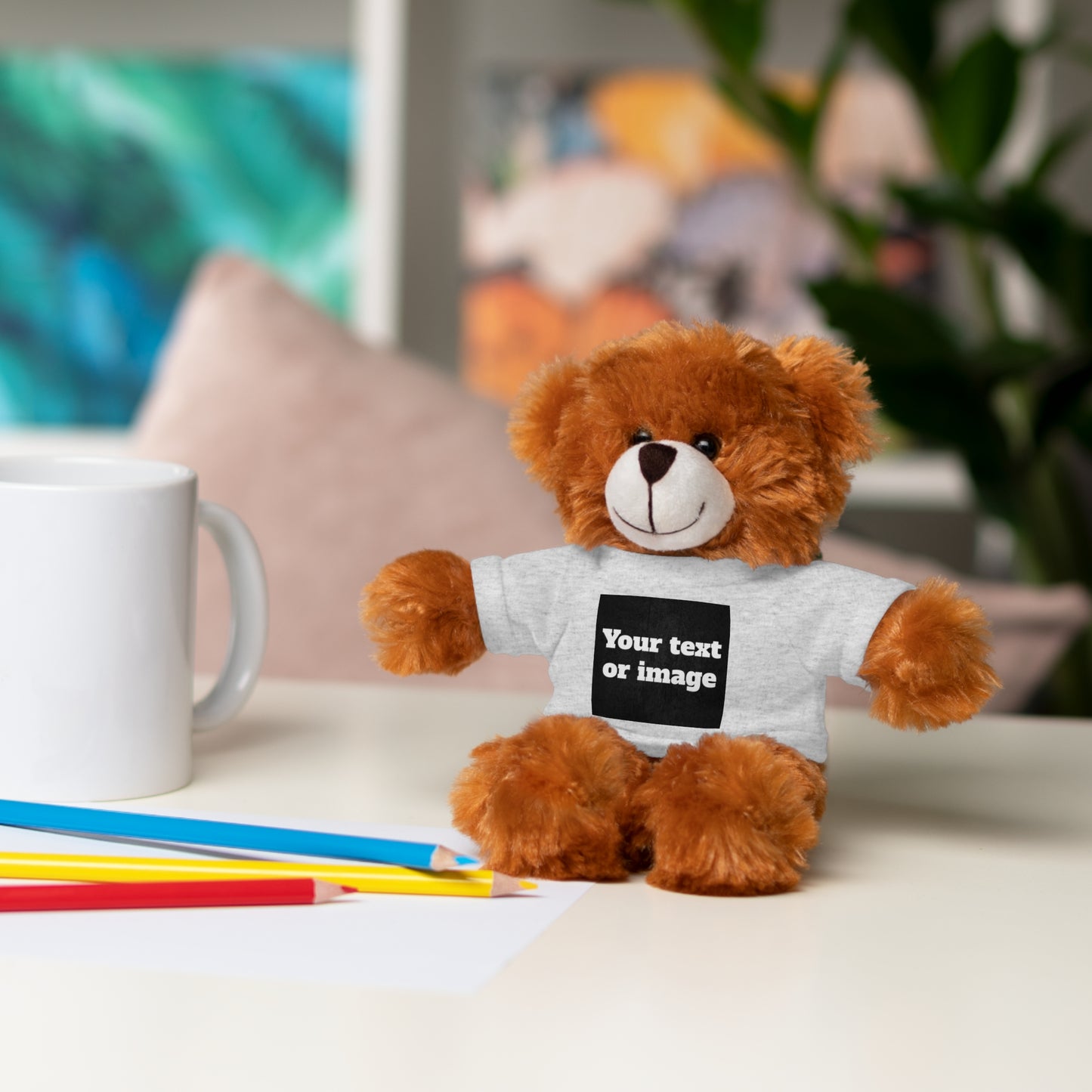 Personalized Plush Animal with custom t-shirt, 8 inch stuffed bear bunny panda lion, add name date or photo