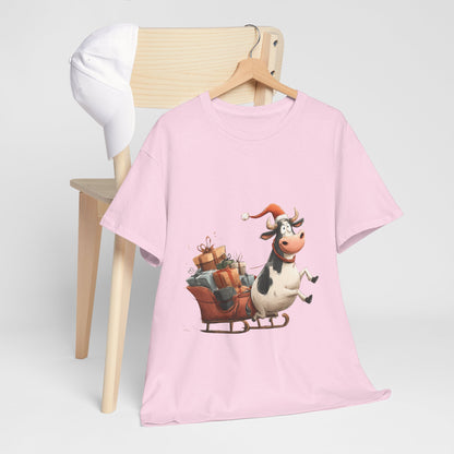 Santa Cow Sleigh Christmas T-Shirt - Funny Cow Pulling Sleigh Tee