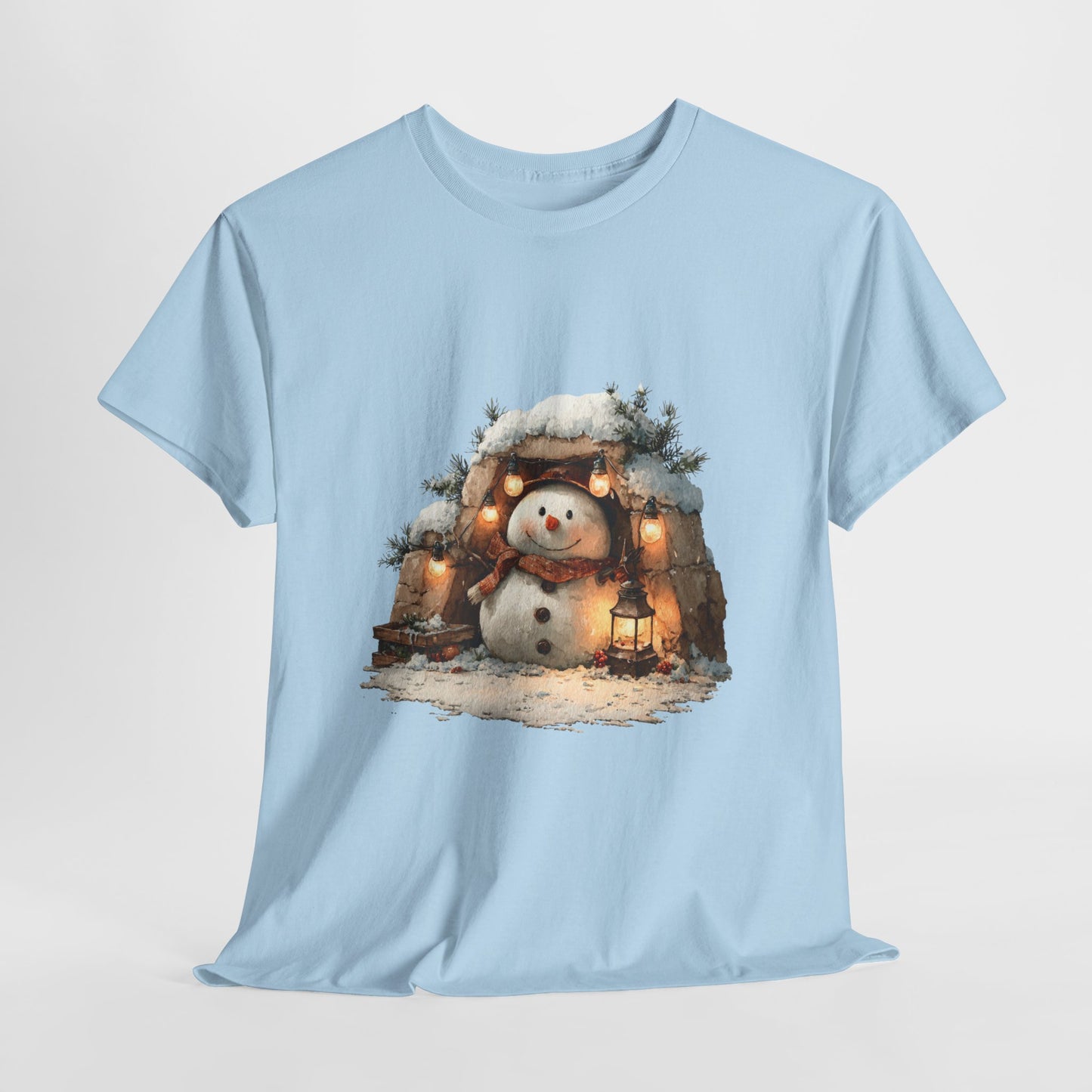 Cozy Lantern Snowman Christmas T-Shirt - Rustic Christmas Snowman with String Lights
