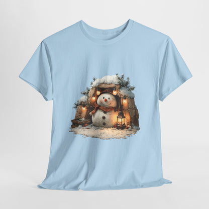 Cozy Lantern Snowman Christmas T-Shirt - Rustic Christmas Snowman with String Lights