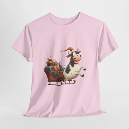 Santa Cow Sleigh Christmas T-Shirt - Funny Cow Pulling Sleigh Tee
