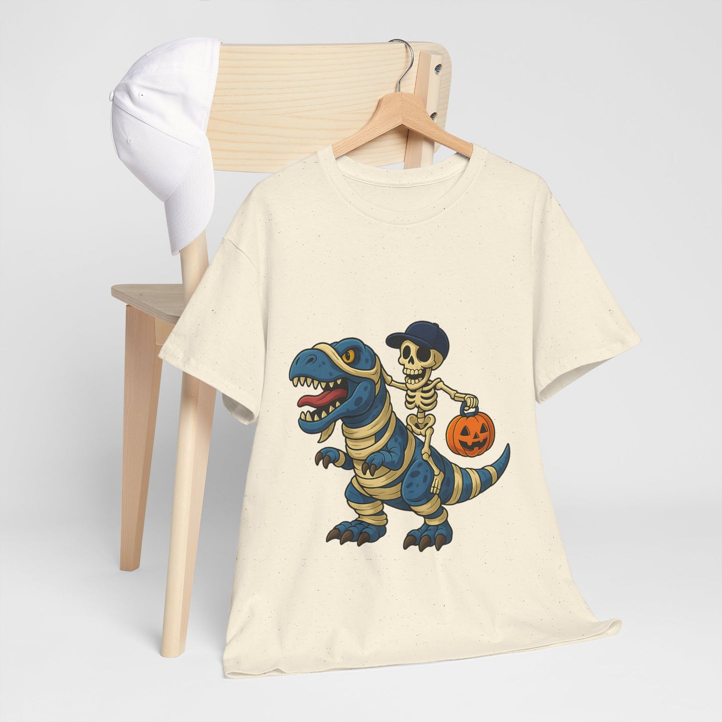 Skeleton Riding T-Rex Halloween T-Shirt - Dinosaur Mummy Wrap Tee