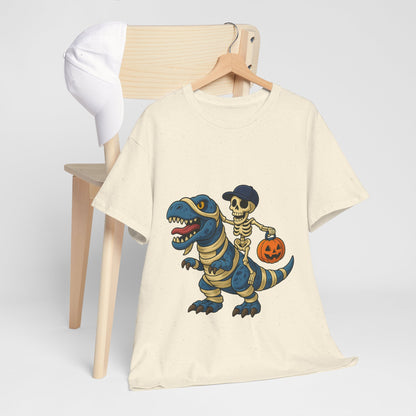 Skeleton Riding T-Rex Halloween T-Shirt - Dinosaur Mummy Wrap Tee