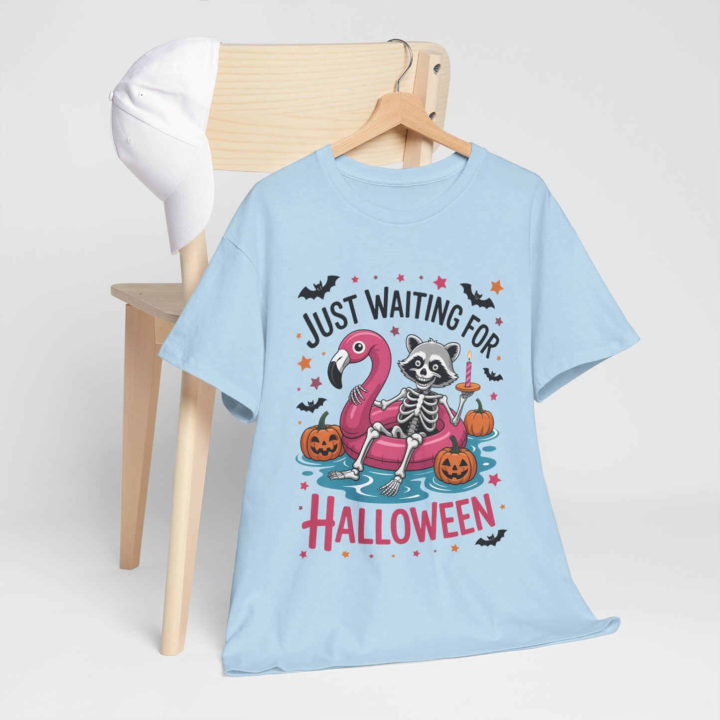 Just Waiting for Halloween T-Shirt - Raccoon Skeleton Flamingo Tee
