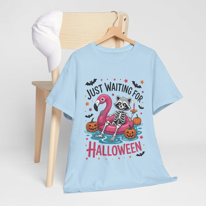 Just Waiting for Halloween T-Shirt - Raccoon Skeleton Flamingo Tee