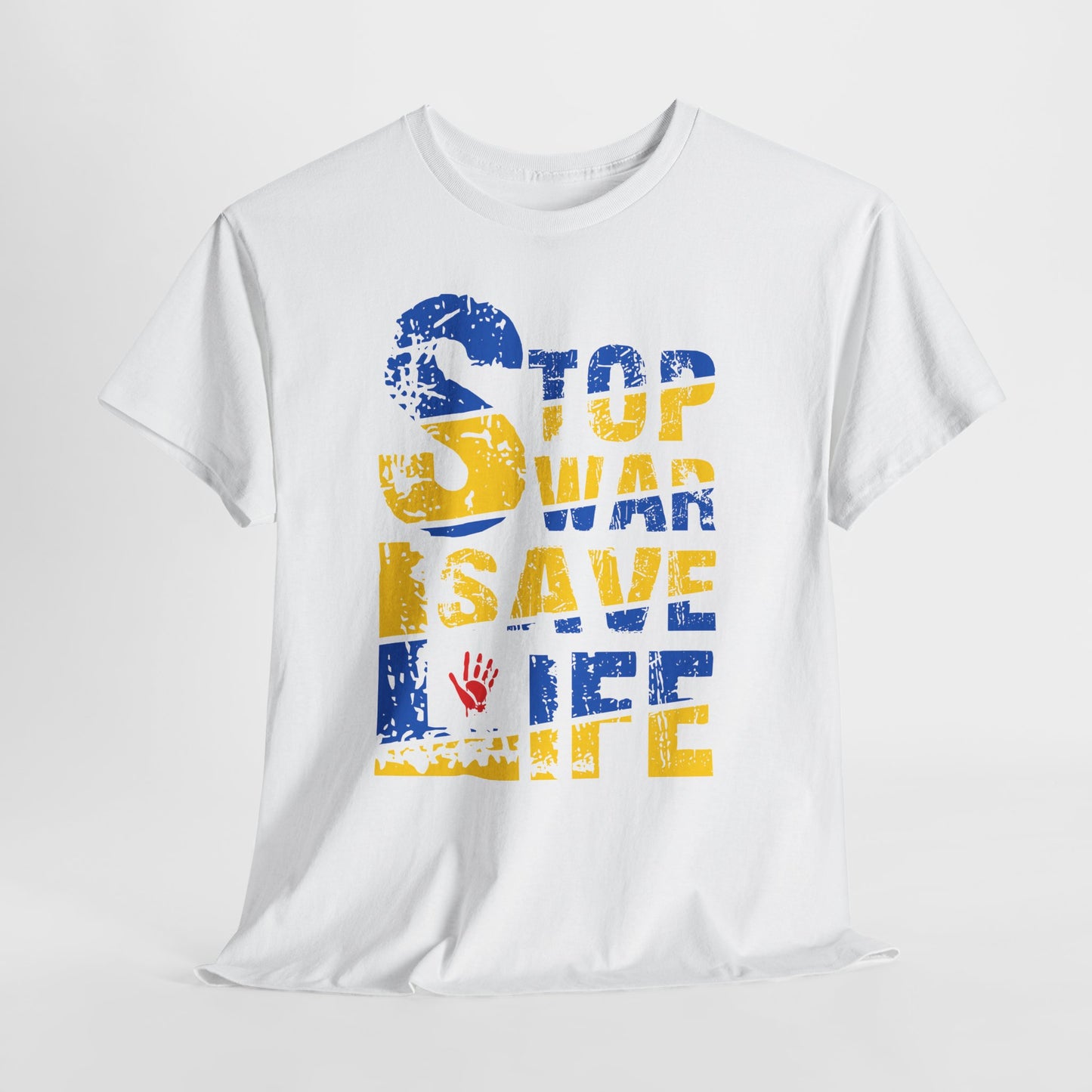 Stop War Save Life Shirt - Blue & Yellow Anti-War Tee, Ukraine Support T-Shirt with Red Handprint, Peace and Solidarity Gift