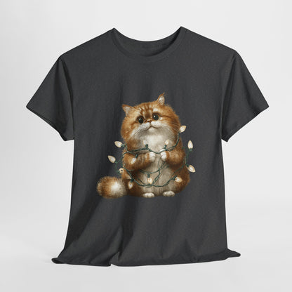 Christmas Lights Cat T-Shirt - Cute Kitty Tangled in Fairy Lights