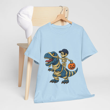 Skeleton Riding T-Rex Halloween T-Shirt - Dinosaur Mummy Wrap Tee
