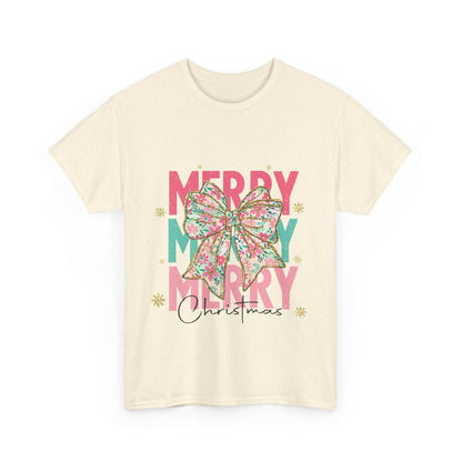 Merry Merry Merry Christmas T-Shirt - Floral Bow Pastel Tee
