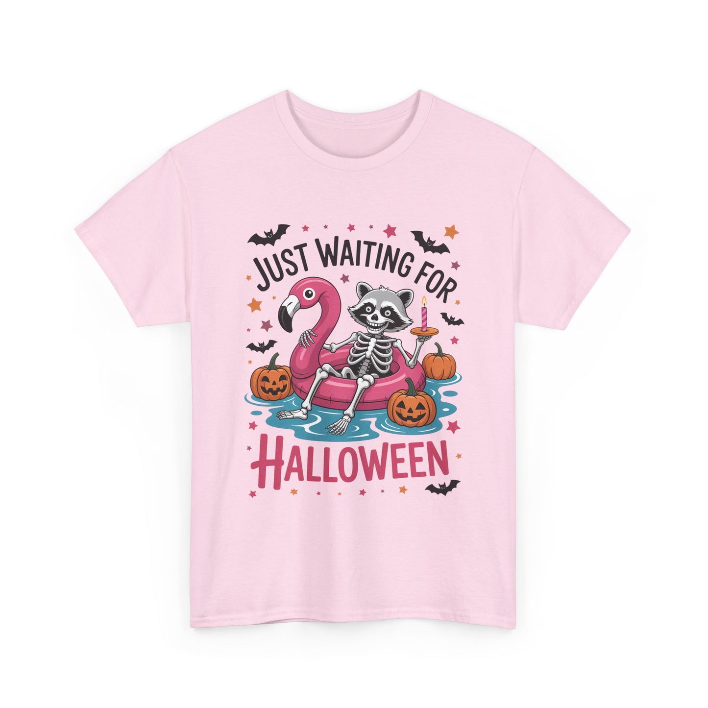 Just Waiting for Halloween T-Shirt - Raccoon Skeleton Flamingo Tee