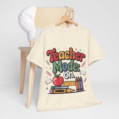 Teacher Mode On Shirt - Cute Back to School Tee with Crayons, Books & Apple, Positive Teacher Gift for Classroom Heroes