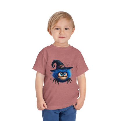 Cute Blue Fuzzy Spider Kids T-Shirt - Witch Hat Halloween Toddler Tee