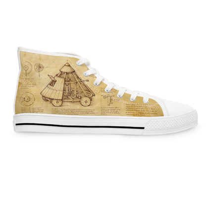 Da Vinci Sketch Damen-Sneaker mit hohem Schaft – Vintage-Pergament-Blaupausen-Schuhe