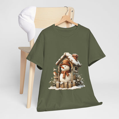 Cabin Porch Snowman Shirt - Rustic Snowman in Little House with Bird