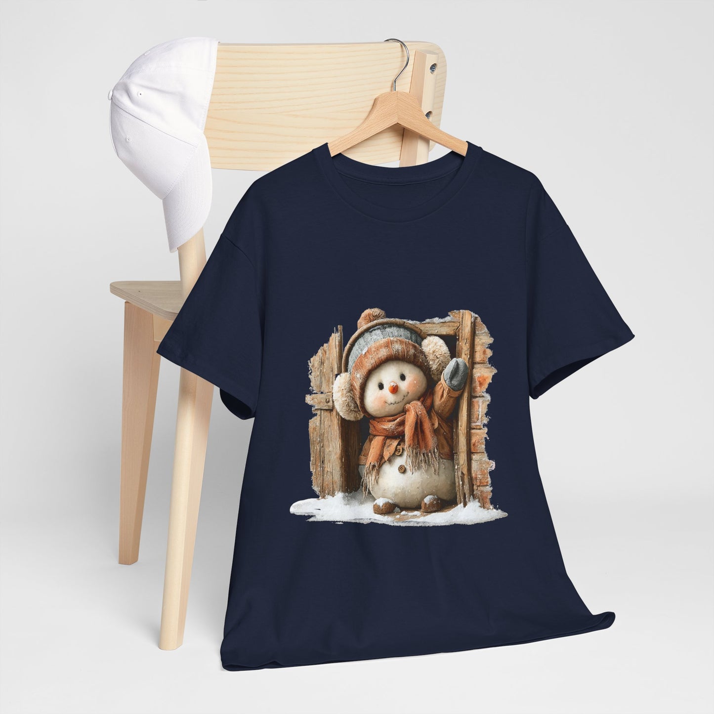Waving Doorway Snowman Christmas T-Shirt - Cabin Snowman in Beanie & Ear Muffs