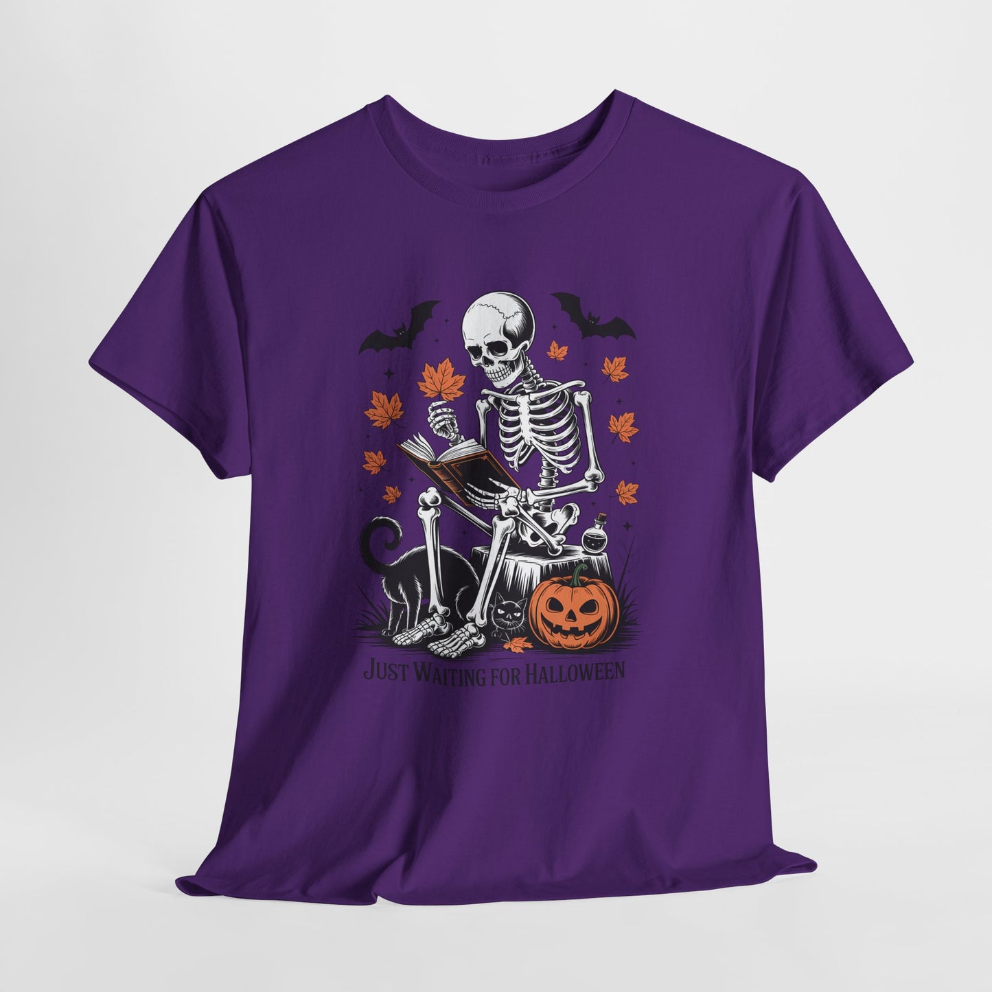 Just Waiting for Halloween T-Shirt - Cozy Spooky Skeleton Reading Tee