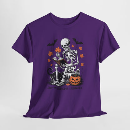 Just Waiting for Halloween T-Shirt - Cozy Spooky Skeleton Reading Tee