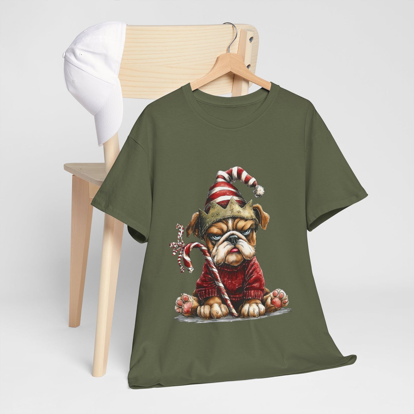 Grumpy Christmas Bulldog T-Shirt - Santa Hat Dog in Red Sweater