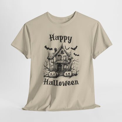 Vintage Haunted House Halloween T-Shirt - Gothic Pumpkins & Bats Tee