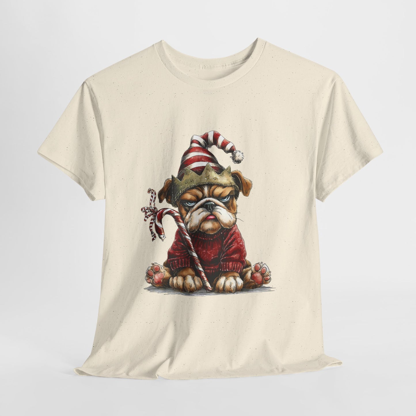 Grumpy Christmas Bulldog T-Shirt - Santa Hat Dog in Red Sweater