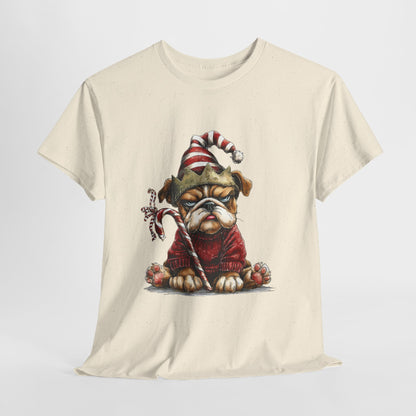 Grumpy Christmas Bulldog T-Shirt - Santa Hat Dog in Red Sweater