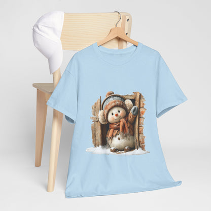 Waving Doorway Snowman Christmas T-Shirt - Cabin Snowman in Beanie & Ear Muffs