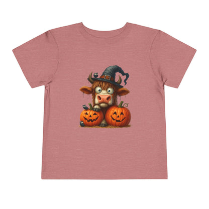 Cute Highland Cow Kids T-Shirt - Witch Hat & Pumpkins Toddler Tee