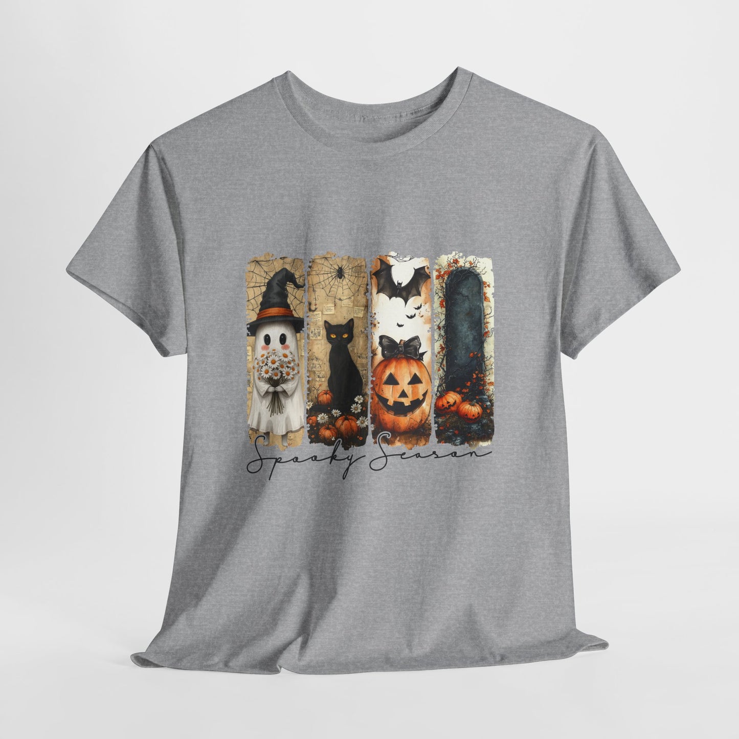 Spooky Season Panels Halloween T-Shirt with Ghost, Black Cat, Jack-O-Lantern & Bats