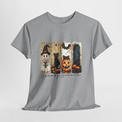 Spooky Season Panels Halloween T-Shirt with Ghost, Black Cat, Jack-O-Lantern & Bats