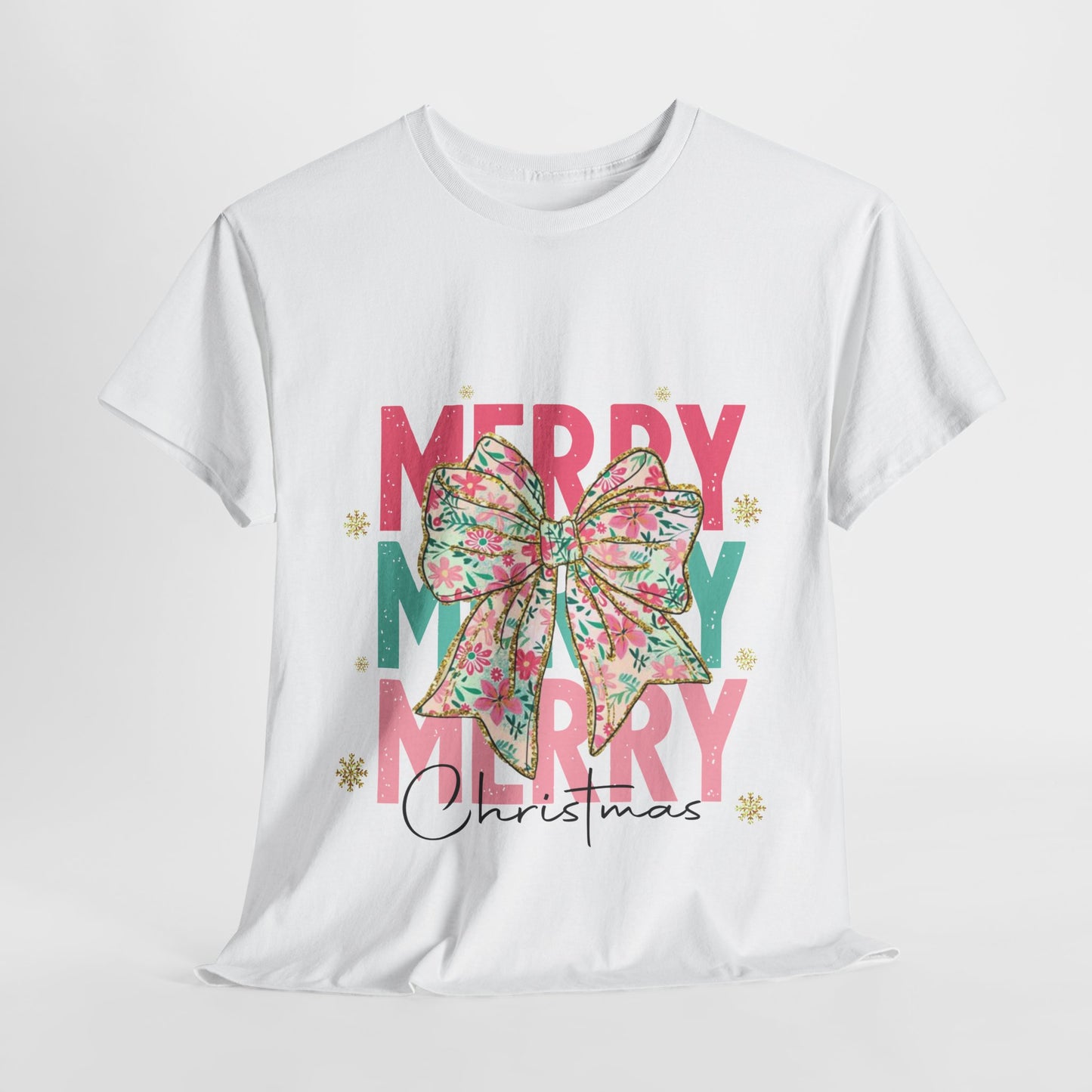 Merry Merry Merry Christmas T-Shirt - Floral Bow Pastel Tee