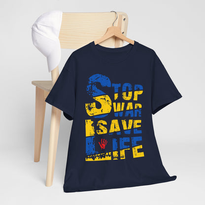 Stop War Save Life Shirt - Blue & Yellow Anti-War Tee, Ukraine Support T-Shirt with Red Handprint, Peace and Solidarity Gift