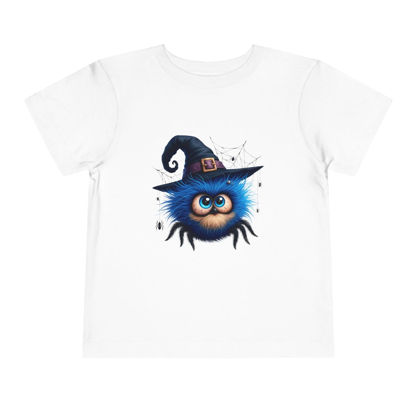 Cute Blue Fuzzy Spider Kids T-Shirt - Witch Hat Halloween Toddler Tee