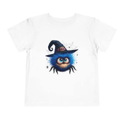 Cute Blue Fuzzy Spider Kids T-Shirt - Witch Hat Halloween Toddler Tee