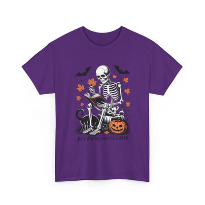 Just Waiting for Halloween T-Shirt - Cozy Spooky Skeleton Reading Tee