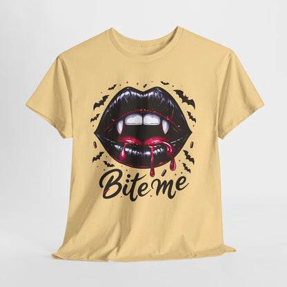 Bite Me Vampire Lips T-Shirt - Gothic Fangs & Bats Halloween Tee