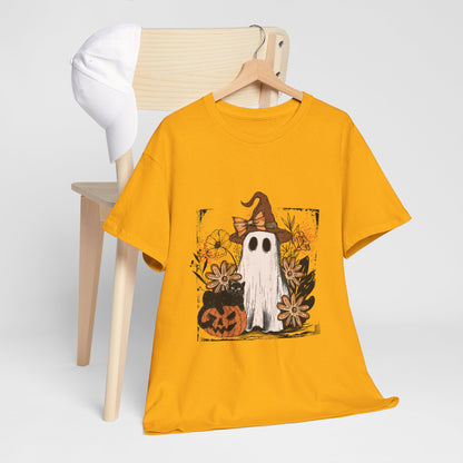 Floral Ghost Cat Pumpkin Halloween T-Shirt - Witch Hat Bow x Jack-O-Lantern