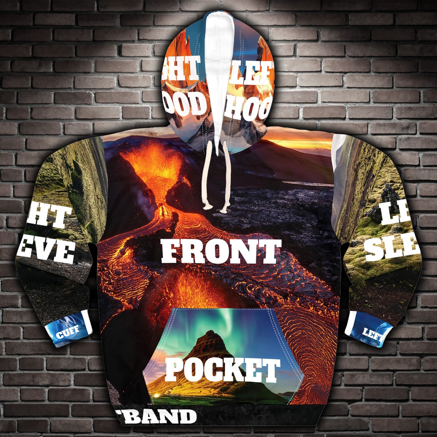 Personalized AOP hoodie with custom photo or text, all-over print pullover with kangaroo pocket and drawstring hood