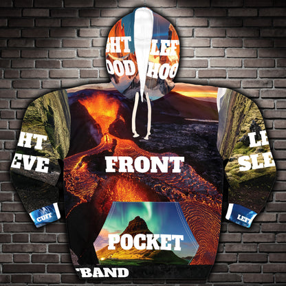 Personalized AOP hoodie with custom photo or text, all-over print pullover with kangaroo pocket and drawstring hood